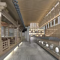Modern Restaurant Interior With Wooden Ceiling Slatted Partitions Stone Bar And Bottle Shelves