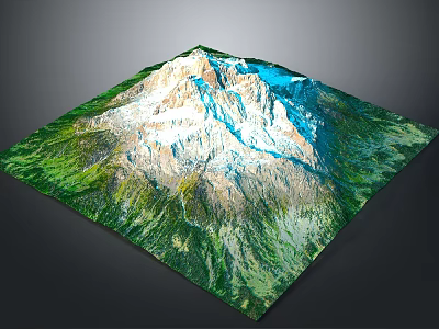 3D Mountain Terrain Model With Green Vegetation White Snow And Blue Water 3d model