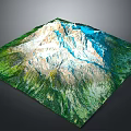 3D Mountain Terrain Model With Green Vegetation White Snow And Blue Water