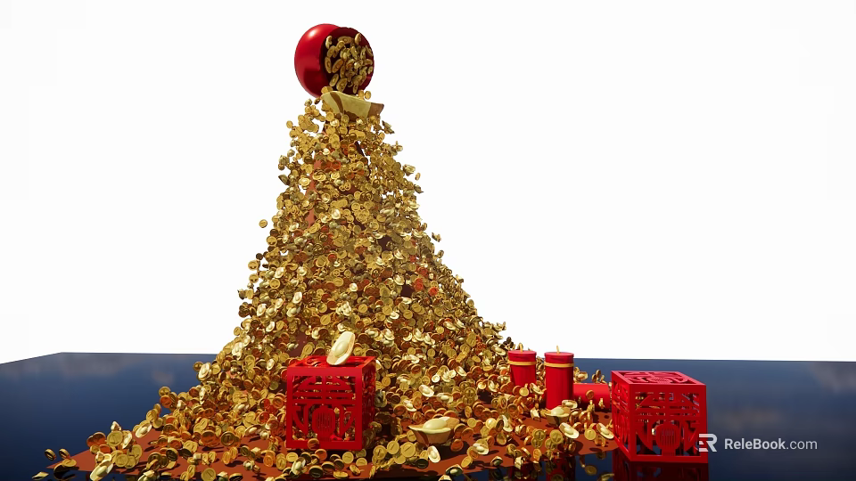 Chinese Festive Photo Spot With Gold Coin Tree Red Decorative Ball And Gold Ingots 3d model 