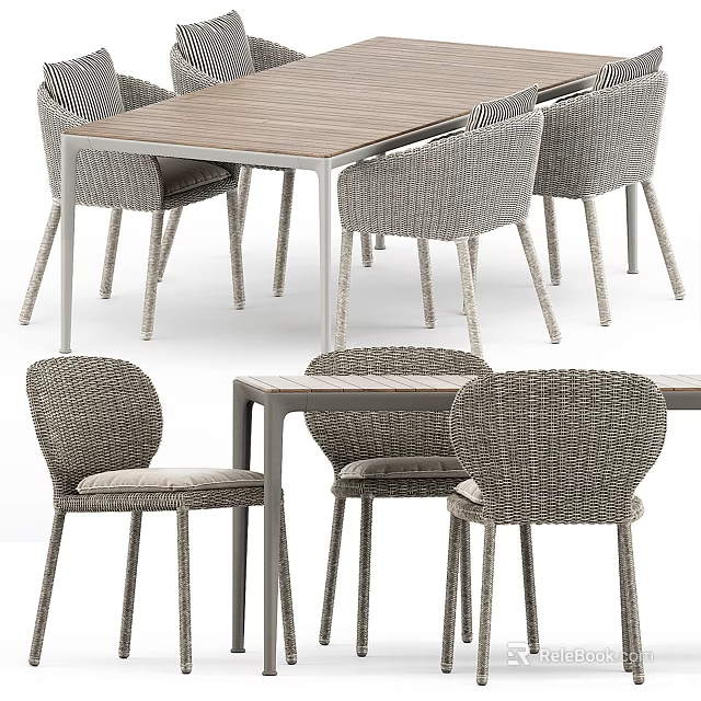 Modern Dining Table Set With Wooden Tabletop Woven Chairs And Sturdy Metal Frame 3d model 