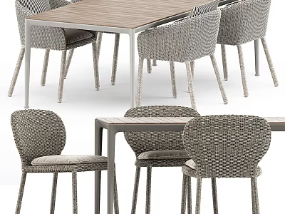 Modern Dining Table Set With Wooden Tabletop Woven Chairs And Sturdy Metal Frame 3d model