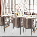 Elegant Chinese Dining Table Set With Striped Chairs Tableware And Landscape Painting 3d model