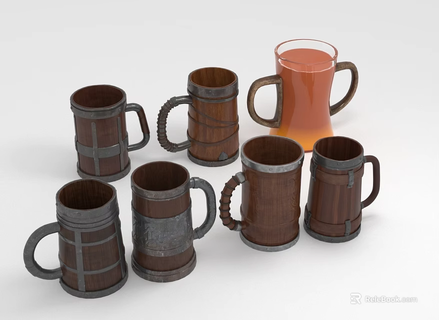 Wooden Mugs Collection With Metal Accents and Orange Beverage 3d model 