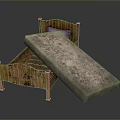 Vintage Wooden Bed Frame Featuring Open Mattress And Blue Pillow