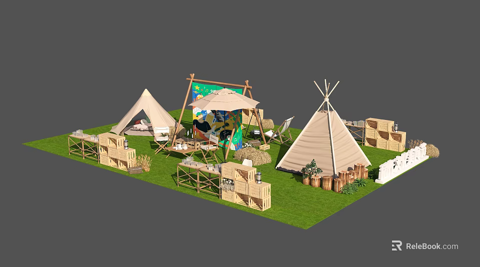 Outdoor Camping Setup With Tipi Tents Grass Display Board And Wooden Crates 3d model 