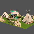 Outdoor Camping Setup With Tipi Tents Grass Display Board And Wooden Crates