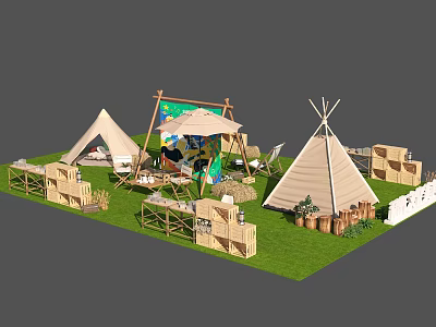 Outdoor Camping Setup With Tipi Tents Grass Display Board And Wooden Crates 3d model