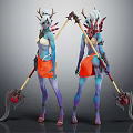 Horned Blue Skin Fantasy Character With Orange Skirt And Staff Weapon Design