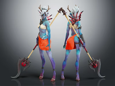 Horned Blue Skin Fantasy Character With Orange Skirt And Staff Weapon Design 3d model