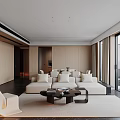 Modern Living Dining Room Interior With Beige Sofa Coffee Table Dining Chairs Large Windows Trees