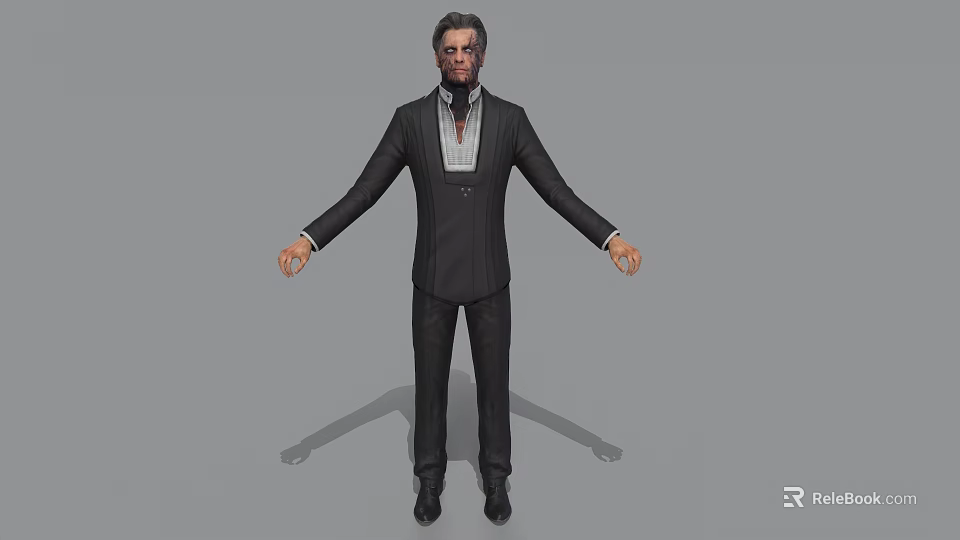 Man in Black Suit White Shirt And Tie Standing With Arms Outstretched Against Gray Background 3d model 