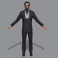 Man in Black Suit White Shirt And Tie Standing With Arms Outstretched Against Gray Background