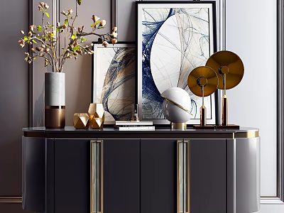 Modern Entryway Console Table And Side Cabinet With Vase Artwork Golden Accents And Geometric Decor 3d model