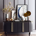 Modern Entryway Console Table And Side Cabinet With Vase Artwork Golden Accents And Geometric Decor