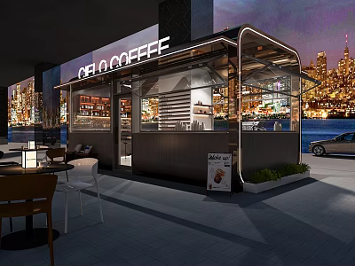CELO COFFEE Cafe Exterior With Outdoor Seating Glass Structure And City Skyline View At Night 3d model