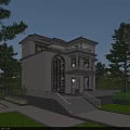 Two Story Modern Detached Villa With Large Windows Surrounded by Trees and Evening Lighting
