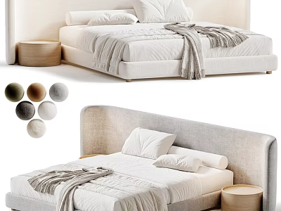 Double Bed with Upholstered Headboard White Bedding Cozy Blanket Round Nightstand and Color Options 3d model