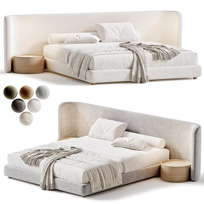 Double Bed with Upholstered Headboard White Bedding Cozy Blanket Round Nightstand and Color Options 3d model