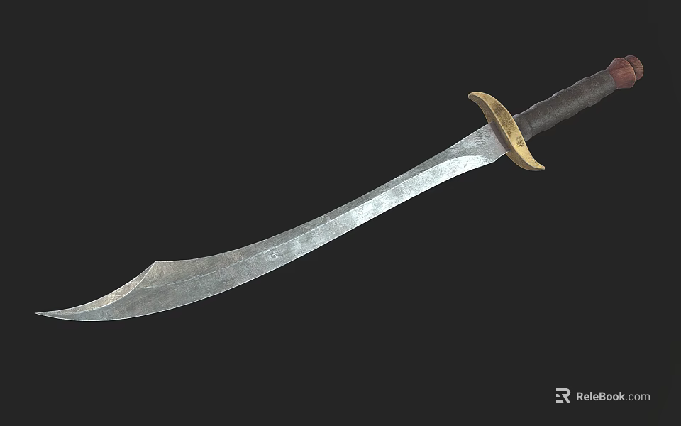 Ancient Long Curved Blade Metal Scimitar With Leather Wrapped Handle And Brass Guard 3d model 