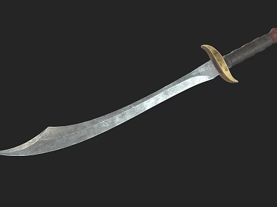 Ancient Long Curved Blade Metal Scimitar With Leather Wrapped Handle And Brass Guard 3d model