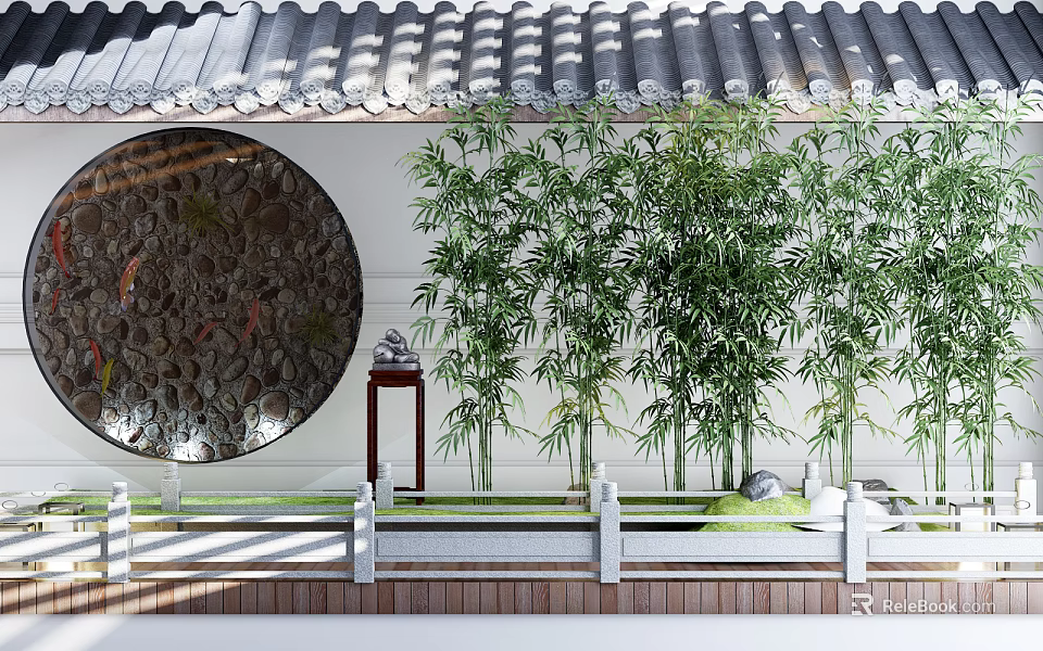 Garden Ornament Featuring Bamboo Plants Circular Wall And White Fence Design 3d model 