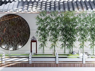 Garden Ornament Featuring Bamboo Plants Circular Wall And White Fence Design 3d model