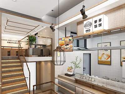 Japanese Ramen Restaurant Interior With Wooden Decor Staircase And Bar Counter 3d model