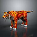 3D Rendered Standing Tiger With Orange Black Stripes White Paws Gray Background And Reflection Effect