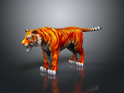 3D Rendered Standing Tiger With Orange Black Stripes White Paws Gray Background And Reflection Effect 3d model