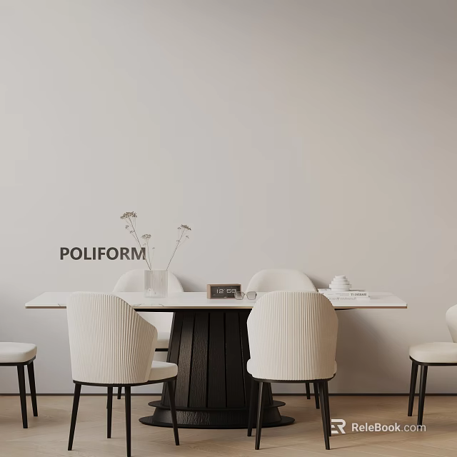 Poliform Dining Table Set With White Ribbed Chairs And Dried Flower Vase On Light Wall 3d model 
