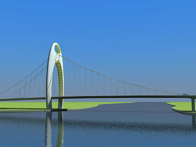 Modern Cable Stayed Bridge With Curved Tower Yellow Accents Spanning Water And Green Grass 3d model