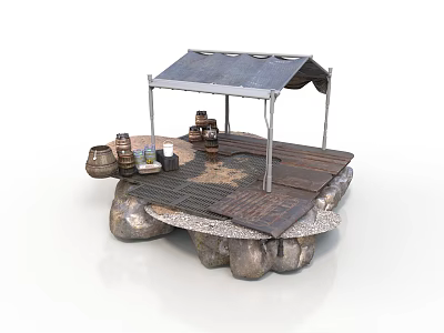 Rustic Outdoor Stall With Gray Roof Wooden Platform Stone Base And Clay Pots 3d model