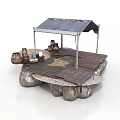 Rustic Outdoor Stall With Gray Roof Wooden Platform Stone Base And Clay Pots