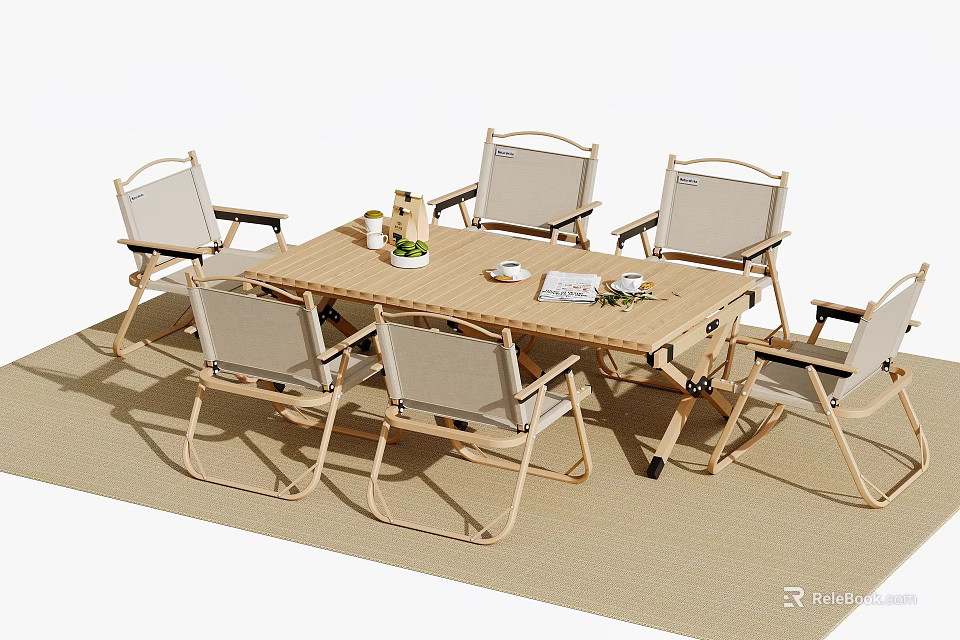 Outdoor Wooden Dining Table With Folding Chairs And Decorative Items For Patio 3d model 
