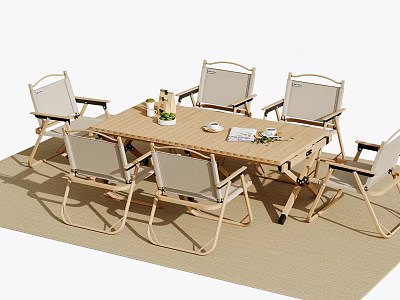 Outdoor Wooden Dining Table With Folding Chairs And Decorative Items For Patio 3d model