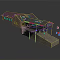 Dilapidated Brick Building Structure With Damaged Roof And Scattered Boxes 3d model