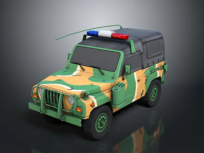Military Camouflage Off Road Vehicle With Red Blue Emergency Lights And Open Top 3d model