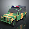 Military Camouflage Off Road Vehicle With Red Blue Emergency Lights And Open Top