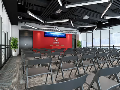 Modern Conference Room With Red Accent Wall Large Screen Folding Chairs Windows And Potted Plant 3d model