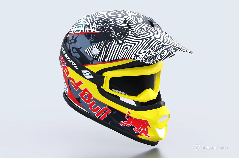 Stylish Red Bull Helmet With Black White Graphic Pattern And Yellow Goggles 3d model 