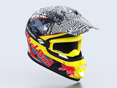 Stylish Red Bull Helmet With Black White Graphic Pattern And Yellow Goggles 3d model
