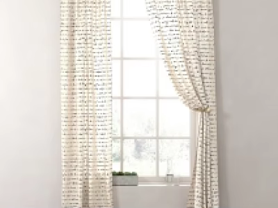 Handwritten Text Pattern Cream Curtains With Gold Rod And Tied Back Design 3d model