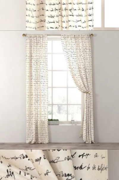 Handwritten Text Pattern Cream Curtains With Gold Rod And Tied Back Design 3d model