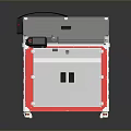 Red Industrial Machine With Transparent Protective Cover Metal Frame And Mobile Wheels