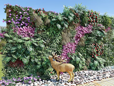 Living Plant Wall With Greenery Purple Red Flowers Deer Sculpture Pebbles And Bamboo 3d model