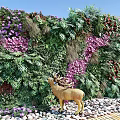 Living Plant Wall With Greenery Purple Red Flowers Deer Sculpture Pebbles And Bamboo