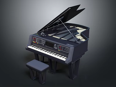 Modern Black Grand Piano With Stool And Electronic Control Panel 3d model