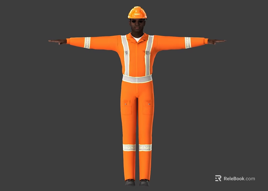 Man in Orange Work Uniform with Yellow Hard Hat and Arms Outstretched 3d model 
