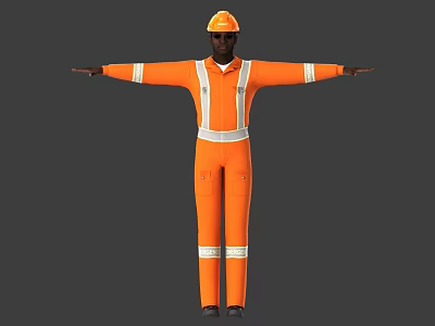 Man in Orange Work Uniform with Yellow Hard Hat and Arms Outstretched 3d model